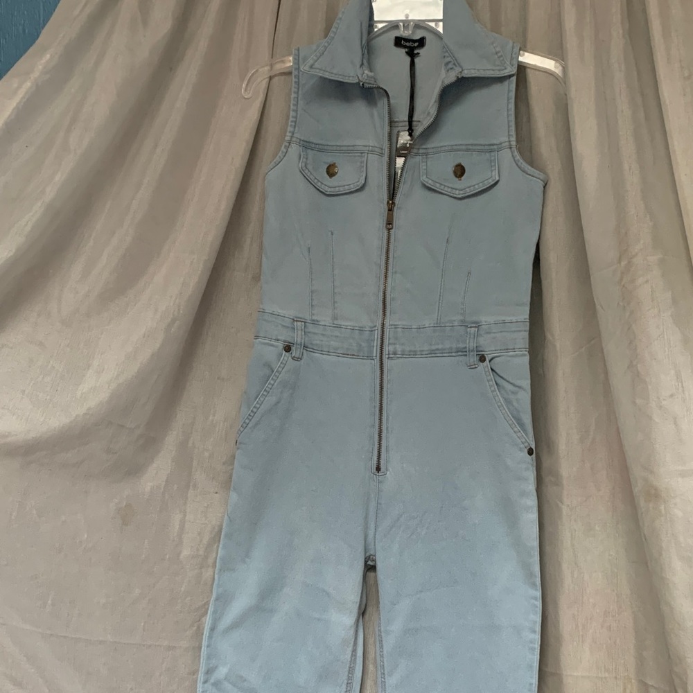 bebe Light Wash Denim Utility Jumpsuit